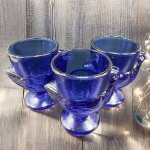 Arcoroc Luminarc Chicken Hen Egg Cup Holder Set 3 France Blue Glass Votive VTG